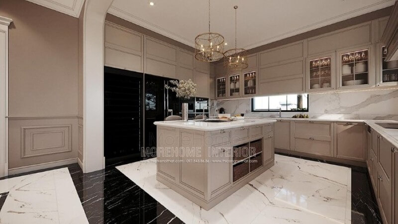 Tủ bếp chữ U gỗ tự nhiên cao cấp tạo vẻ đẹp sang trọng cho không gian nhà phố, biệt thự. Tủ bếp hiện đại, tủ bếp chữ u, tủ bếp chữ i, tủ bếp chữ l