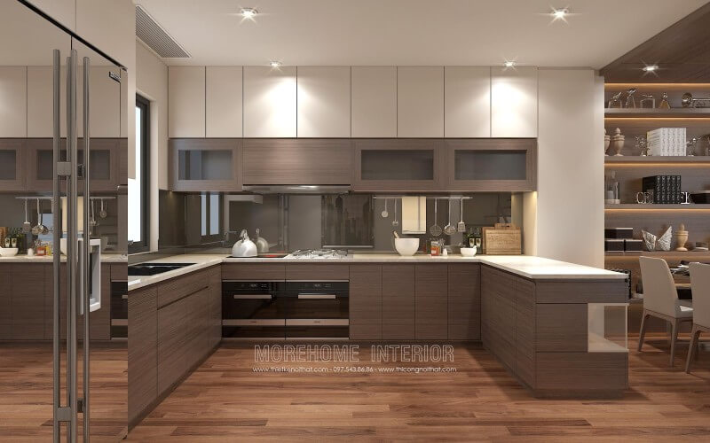 Thiết kế tủ bếp chung cư kiểu dáng chữ U với các khu vực được phân bố hợp lý, phân chia góc không gian nhà bếp hài hòa Tủ bếp hiện đại, tủ bếp chữ u, tủ bếp chữ i, tủ bếp chữ l