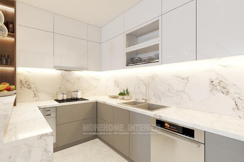 Hệ thống tủ bếp màu trắng, phân tách nhiều ngăn lớn nhỏ đáp ứng nhu cầu sắp xếp đồ nội thất Tủ bếp hiện đại,tủ bếp đẹp hiện đại, tủ bếp An Cường