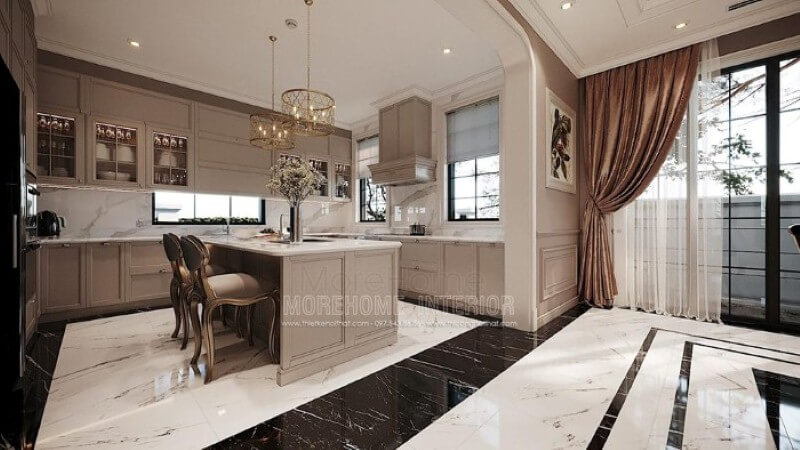 Mẫu tủ đảo bếp gỗ tự nhiên gam màu nâu nhạt kết hợp cùng đá ốp lát tạo nên vẻ đẹp nhẹ nhàng, thanh lịch nhưng không kém phần sang trọng tại biệt thự cao cấp Hải Phòng. Tủ bếp đẹp, sang trọng và đẳng cấp