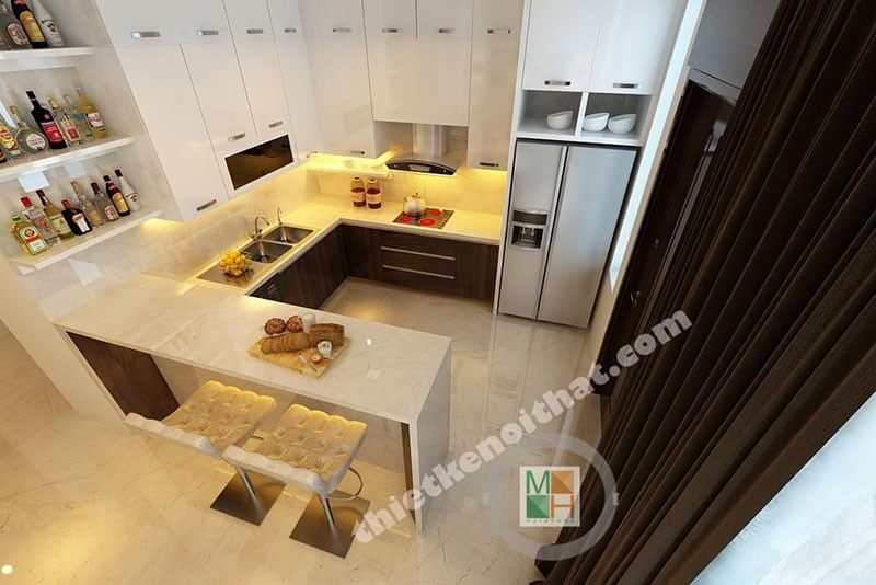 Mẫu tủ bếp chữ L gỗ công nghiệp hiện đại, bề mặt ốp đá cao cấp mang đến không gian sạch sẽ cho người nội trợ. Tủ bếp đẹp, sang trọng và đẳng cấp