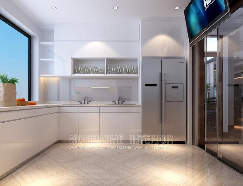 Tủ bếp đẹp được thiết kế riêng biệt, sử dụng vách kính cường lực cao cấp tạo độ thoáng cũng như tránh ám mùi cho các không gian sinh hoạt khác Thiết kế và sản xuất tủ bếp đẹp
