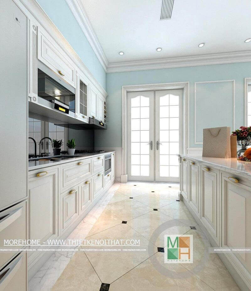 Mẫu tủ bếp gỗ tự nhiên màu trắng với thiết kế tân cổ điển Tủ bếp gỗ tự nhiên