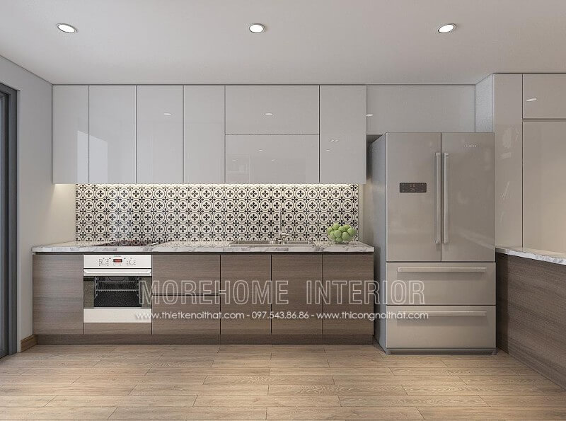 Thiết kế tủ bếp gỗ công nghiệp đẹp với chất liệu acrylic bóng gương An Cường và gỗ Laminate mang đến không gian sống ấn tượng và thu hút Thiết kế tủ bếp đẹp