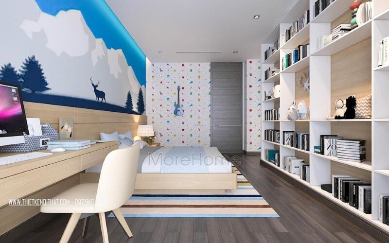 Kệ trang trí phòng ngủ con trai đẹp, độc đáo với thiết kế tủ kệ trang trí nhiều ngăn giúp không gian trở nên thông thoáng, đẹp mắt. Thiết kế chung cư