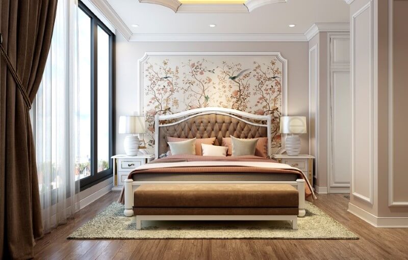 Mẫu thiết kế nội thất phòng ngủ chung cư tân cổ điển sang trọng và ấn tượng với điểm nhấn là tone màu nâu nhẹ. Thiết kế phòng ngủ
