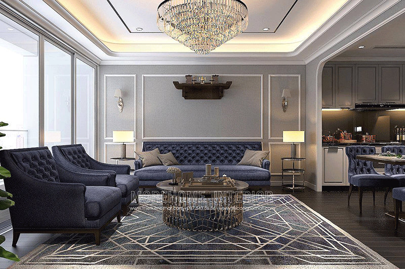 Phòng khách được thiết kế ấn tượng với phong cách tân cổ điển gam màu tím than Mẫu nội thất chung cư hiện đại