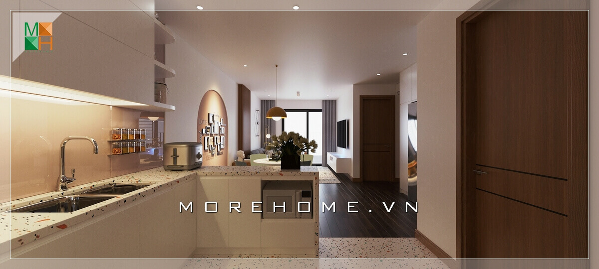 Thiết kế nội thất bếp chung cư hiện đại, kệ tủ bếp đẹp thiết kế hợp lý và tiện lợi. Mẫu nội thất chung cư hiện đại