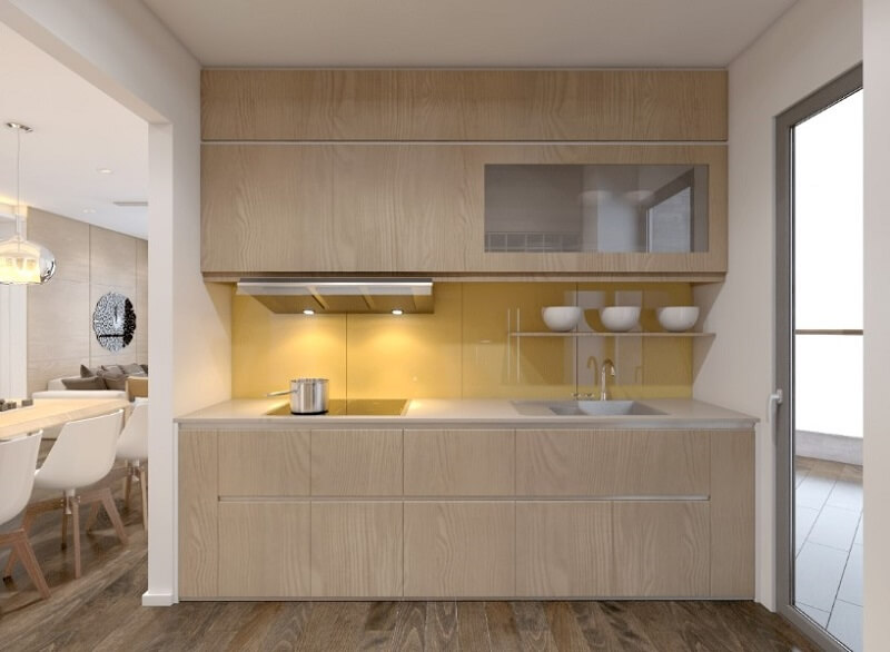 Mẫu tủ bếp gỗ công nghiệp đẹp màu sáng với phần trần treo nhỏ gọn kết hợp thiết bị bếp thông minh. Tủ bếp hiện đại,tủ bếp đẹp hiện đại, tủ bếp An Cường