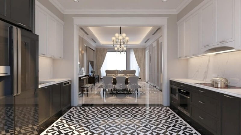 Tủ bếp gỗ công nghiệp kiểu dáng chữ i được đặt song song, khu vực sơ chế thực phẩm và khu vực bếp nóng được bố trí hợp lí tạo cho gia chủ thuận tiện hơn trong quá trình nấu nướng Tủ bếp hiện đại,tủ bếp đẹp hiện đại, tủ bếp An Cường