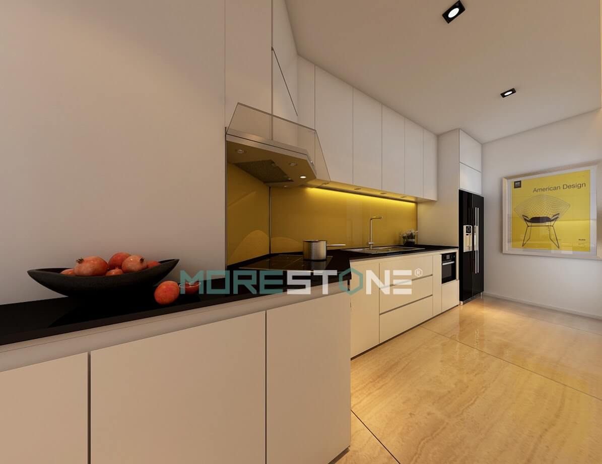 Đá bếp nhân tạo màu đen có độ bóng cao, đảm bảo vệ sinh và độ bền màu Tủ bếp hiện đại,tủ bếp đẹp hiện đại, tủ bếp An Cường