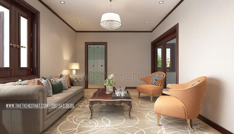 Thiết kế nội thất sofa khung gỗ tần bì nhập khẩu bọc vải màu sữa kết hợp chiếc bàn trà bằng gỗ tự nhiên mài nâu socola, cùng với 2 chiếc ghế nghỉ màu cam tạo sự sinh động mà không bị chật chội. Mẫu sofa gỗ tự nhiên, gỗ óc chó đẹp