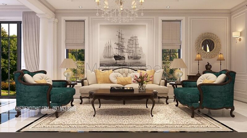 Mẫu sofa phòng khách biệt thự cao cấp được KTS thiết kế với kích thước khá rộng rãi, tone màu xanh cổ điển kết hợp với sắc trắng tinh khôi cũng là điểm đặc biệt thu hút, ấn tượng Mẫu sofa gỗ tự nhiên, gỗ óc chó đẹp