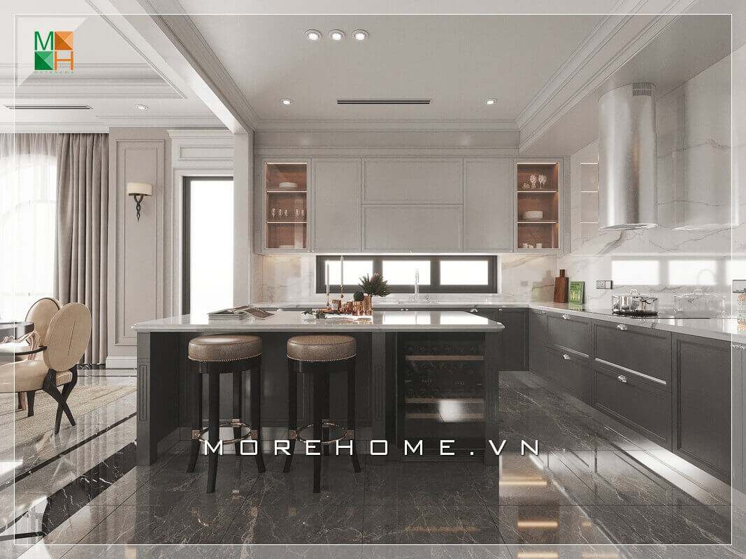 Mẫu tủ bếp hiện đại từ tủ bếp treo tường đến đảo tủ hai ghế tròn bọc da không tựa, tất cả đều thiết kế hoàn hảo biến căn phòng bếp biệt thự trở nên sống động và tiện nghi. tủ bếp chung cư