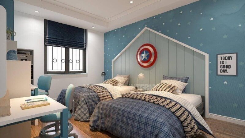 bố trí nội thất phòng ngủ bé trai luôn sử dụng những gam màu nhẹ nhàng mang cá tính riêng vì thế mà màu xanh lại là màu rất được các bé trai ưa chuộng. Với diện tích đủ lớn mẫu bố trí nội thất phòng ngủ với giường đôi dành cho 2 bé trai sẽ là gợi ý lý tưởng cho các không gian như biệt thự, nhà phố, chung cư. Thiết kế nội thất phòng ngủ biệt thự