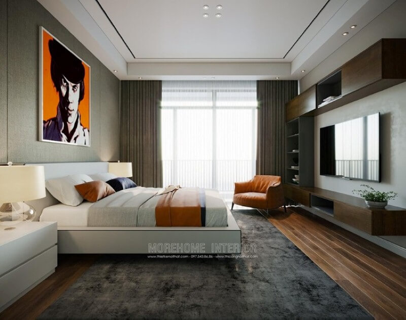 Trang trí nội thất phòng ngủ ấn tượng với hệ cửa lớn cùng rèm 2 lớp vừa tận dụng tối đa ánh sáng tự nhiên nhưng vẫn giúp căn phòng chống lại sức nóng oi ả ngày hè hiệu quả. Thiết kế nội thất phòng ngủ biệt thự