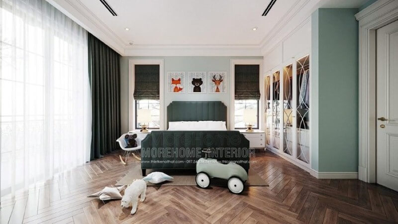 Giường ngủ bọc nệm màu xanh đẹp độc đáo cho phòng bé trai. Thiết kế nội thất phòng ngủ biệt thự