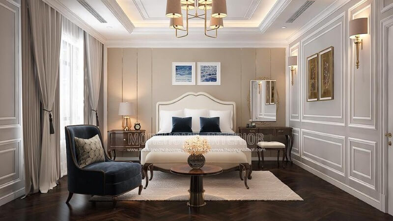 Thiết kế phòng ngủ master tân cổ điển sang trọng, quý phái ấn tượng với nội thất gỗ óc chó tự nhiên cao cấp. Thiết kế nội thất phòng ngủ biệt thự