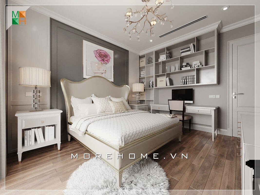 Có lẽ điểm nổi bật nhất trong căn phòng ngủ chung cư đẹp chính là cái giường ngủ mang đậm chất tân cổ điển thiết kế đầu giường uốn lượn mềm mại. Nội thất trong phòng ngủ như kệ giá sách, bàn làm việc, tranh canvas treo đầu giường đến từng chi tiết nhỏ như đèn ngủ hay đèn treo trần tất cả đều sắp xếp rất ngăn nắp và hợp lý. Thiết kế nội thất phòng ngủ biệt thự