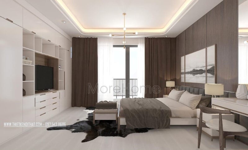 Bố trí nội thất phòng ngủ master hiện đại đẹp và thông thoáng với cửa kính chiếm trọn mảng tường để bạn có thể tận hưởng cảm giác tuyệt vời từ thiên nhiên. Thiết kế nội thất phòng ngủ biệt thự