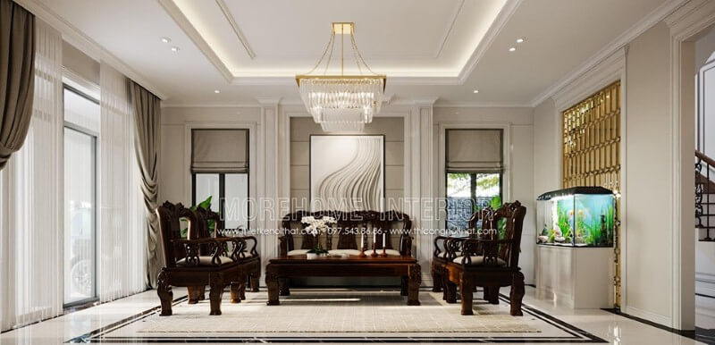 Bộ bàn ghế gỗ tự nhiên đẹp sang trọng cho phòng khách biệt thự, nhà phố cao cấp. Thiết kế phòng khách biệt thự