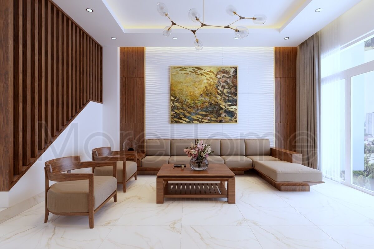 Nội thất Sofa gỗ cao cấp chữ L bọc da sang trọng kết hợp với bàn trà gỗ đơn giản toát lên sự sang trọng cho căn phòng Mẫu sofa gỗ tự nhiên, gỗ óc chó đẹp