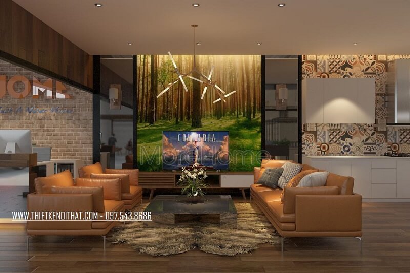 Mẫu sofa da màu cam cao cấp tạo điểm nhấn nổi batah cho khu vực tiếp khách tại showroom nội thất JANHOME Mẫu sofa gỗ tự nhiên, gỗ óc chó đẹp