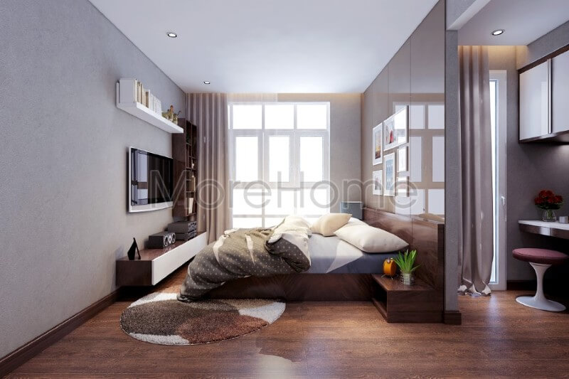 Mẫu giường ngủ gỗ công nghiệp có táp đầu giường giúp cho gia chủ có những giấc ngủ thoải mái nhất cũng như là vô cùng tiện lợi trong việc lưu trữ đồ dùng cá nhân của mình Mẫu thiết kế nội thất chung cư đẹp