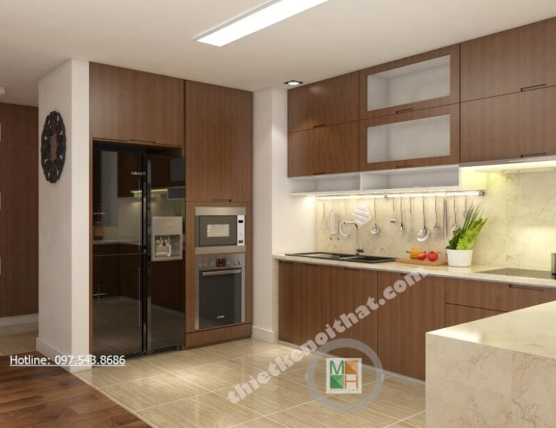 Tủ bếp chữ L kết hợp tủ bát và kệ gia vị đem đến một phòng bếp đầy đủ công năng Thiết kế và sản xuất tủ bếp đẹp