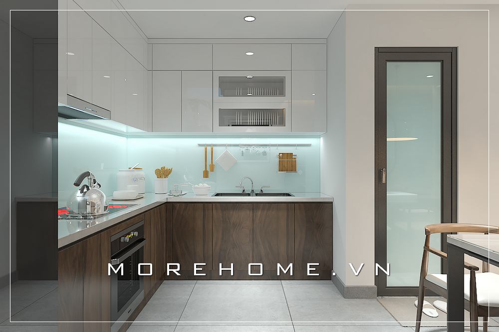 Mẫu tủ bếp gỗ công nghiệp cữ L hiện đại, tone màu nâu của gỗ tạo nên không gian ấm cúng, thiết bị bếp đầu đủ tạo không gian tiện nghi cho người nội trợ Thiết kế và sản xuất tủ bếp đẹp