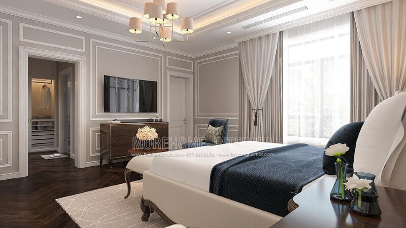 Bố trí nội thất phòng ngủ tân cổ điển có tủ quần áo đối diện giường ngủ khoa học, phong thủy. Mẫu thiết kế nội thất chung cư đẹp