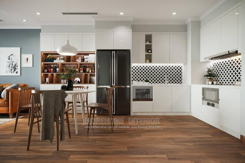 Khu vực bếp được thiết kế nhỏ gọn liên kết trực tiếp với phòng khách Thiết kế phòng bếp, tủ bếp đẹp