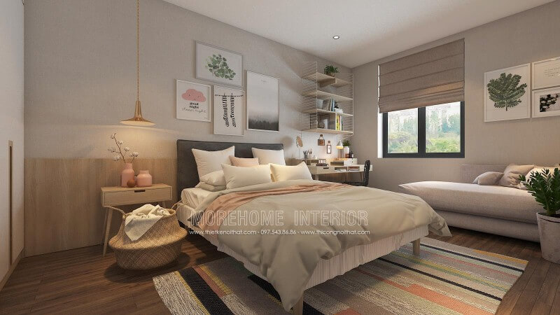 Sắp xếp phòng ngủ ấn tượng với cách trang trí độc đáo từ những mảng lớn đơn sắc kết hợp cùng họa tiết điểm nhấn tạo nên nét đẹp sinh động, trẻ trung cho không gian. thiết kế nội thất chung cư