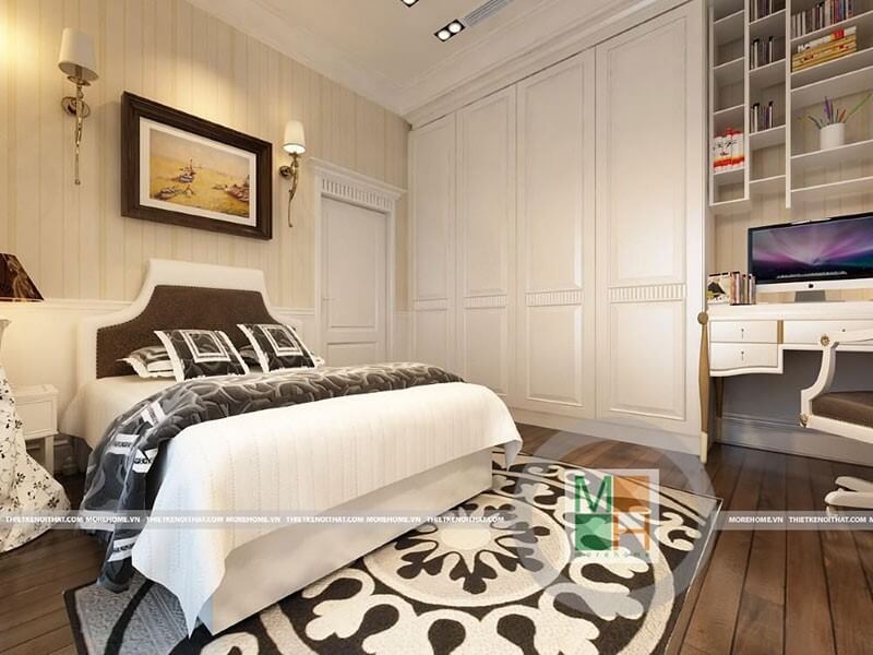 Thiết kế nội thất phòng ngủ với tone màu trắng chủ đạo cùng cách trang trí tân cổ điển ấn tượng tạo nên không gian ấm cúng, độc đáo thiết kế nội thất chung cư