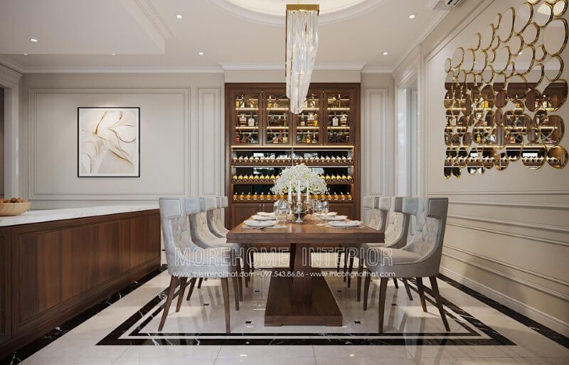Gương ghép ô trang trí đẹp cho phòng ăn đương đại. Thiết kế phòng ăn biệt thự