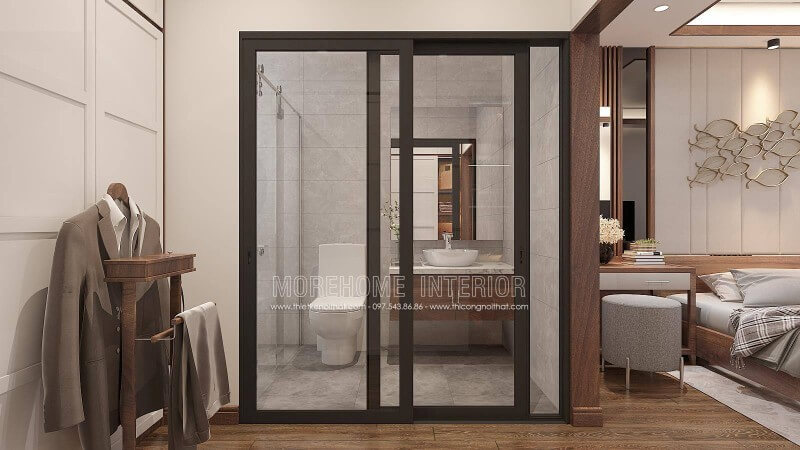 Cánh cửa trượt giúp bạn mở ra đóng vào không ảnh hưởng đến việc lấy mọi thứ xung quanh mà vẫn mang lại vẻ đẹp sang trọng, tiện nghi cho cả nhà hay vách tắm kính cửa trượt, hay ý tưởng sử dụng gạch ốp phòng tắm giả bê tông mang lại vẻ đẹp phòng ngủ khép kín sang trọng phù hợp với các không gian như nhà phố, biệt thự. Thiết kế nội thất biệt thự