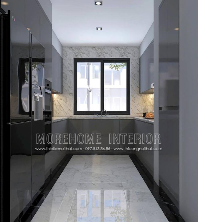 Bố trí nội thất phòng bếp không được lớn, việc sử dụng máy hút mùi có thể giúp lọc sạch không khí tuy nhiên việc bố trí cửa sổ lớn vừa giúp không khí lưu thông lại mang lại nguồn sinh khí có thể là điểm đáng chú ý. Thiết kế nội thất biệt thự