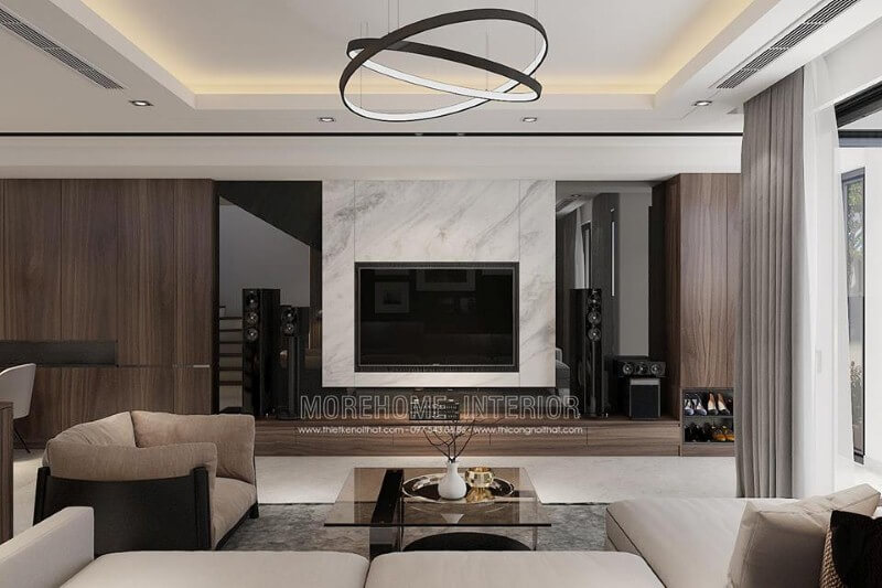 Đá nhân tạo LG sẽ độc đáo hơn nết kết hợp vật liệu ốp phòng khách tối màu. Thiết kế nội thất biệt thự