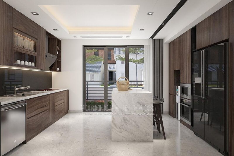 Bố trí phòng bếp bằng gỗ công nghiệp acrylic đẹp. Thiết kế nội thất biệt thự