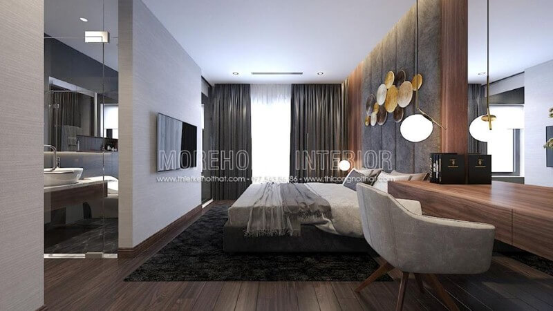 Bố trí nội thất phòng ngủ khép kín hiện đại liền phòng vệ sinh độc đáo với ý tưởng thiết kế mở khi sử dụng cửa kính trắng cường lực. Thiết kế nội thất biệt thự