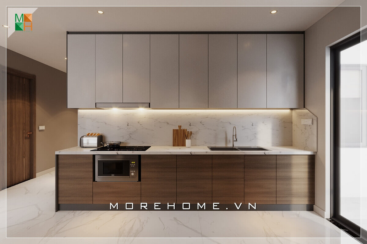 Mẫu thiết kế hệ tủ bếp chữ I bằng gỗ công nghiệp nhiều ngăn, giúp lưu trữ và tìm kiếm đồ thực phẩm một cách dễ dàng khoa học, phù hợp chung cư, nhà phố, biệt thự hiện đại Thiết kế tủ bếp nhà phố sang trọng