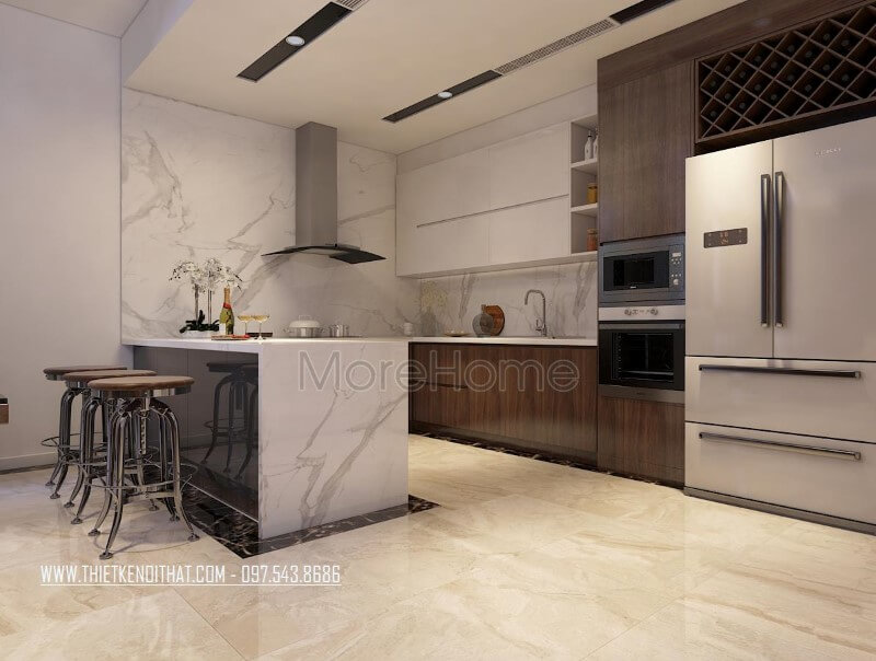 Thiết kế phòng bếp hiện đại hình chữ U rộng rãi với việc kết hợp với bàn bar tiện lợi hơn cho người đầu bếp Thiết kế phòng bếp đẹp và sang trọng