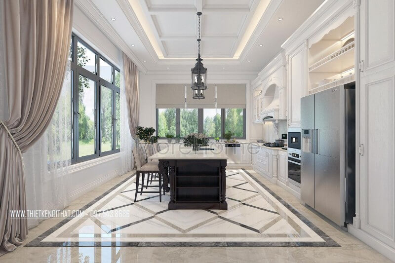 Thiết kế nội thất phòng bếp biệt thự tân cổ điển sang trọng, tiện nghi và bắt mắt với gam màu đen trắng chủ đạo Thiết kế phòng bếp đẹp và sang trọng
