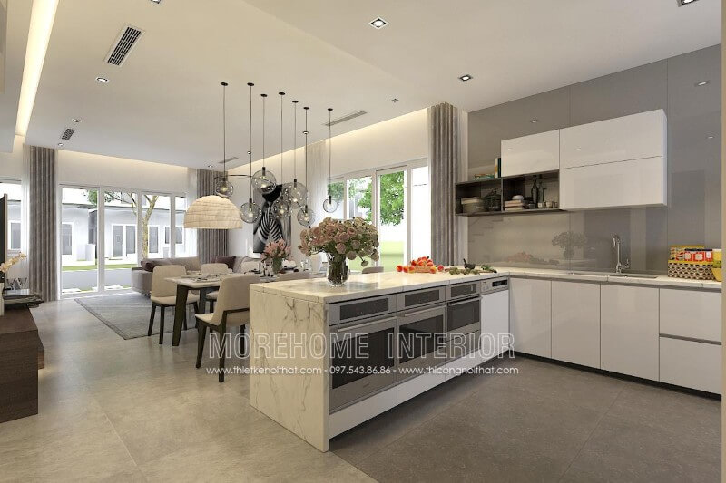 Thiết kế tủ bếp màu trắng tại biệt thự Park City cao cấp tại Hà Nội Thiết kế và sản xuất tủ bếp đẹp
