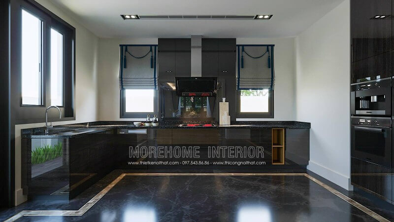 Đây là mẫu tủ bếp chữ L hiện đại được thiết kế sang trọng với chất liệu gỗ công nghiệp bề mặt acrylic bóng gương, đá ốp mặt bàn bếp Tủ bếp hiện đại đẹp