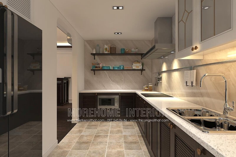 Trang trí nội thất phòng bếp đẹp với tủ bếp hiện đại, phần mặt bếp được gia chủ lựa chọn ốp đá nhân tạo solid surface LG giúp cho người nấu dễ dàng lau chùi và vệ sinh hơn Tủ bếp hiện đại đẹp