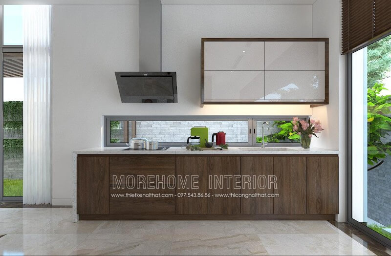 Tủ bếp gỗ tự nhiên nhập khẩu được thiết kế chữ i đơn giản hay không cầu kỳ mà vẫn phải đáp ứng đầy đủ công năng sử dụng, thỏa mãn tính thẩm mỹ lại rất gọn gàng bắt mắt, thể hiện đẳng cấp của gia chủ Tủ bếp hiện đại đẹp