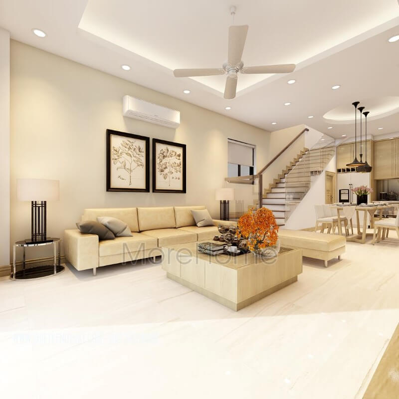 Thiết kế phòng khách hiện đại với cách lựa chọn nội thất tông màu kem sáng giúp không gian phòng khách sáng đẹp và độc đáo Thiết kế nội thất phòng khách nhà phố