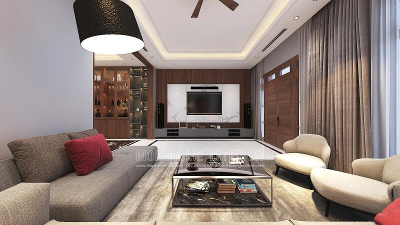 Trang trí tường phòng khách đẹp với điểm nhấn từ đá trắng vân mây kết hợp cùng gỗ ốp tường cao cấp. Thiết kế nội thất phòng khách nhà phố