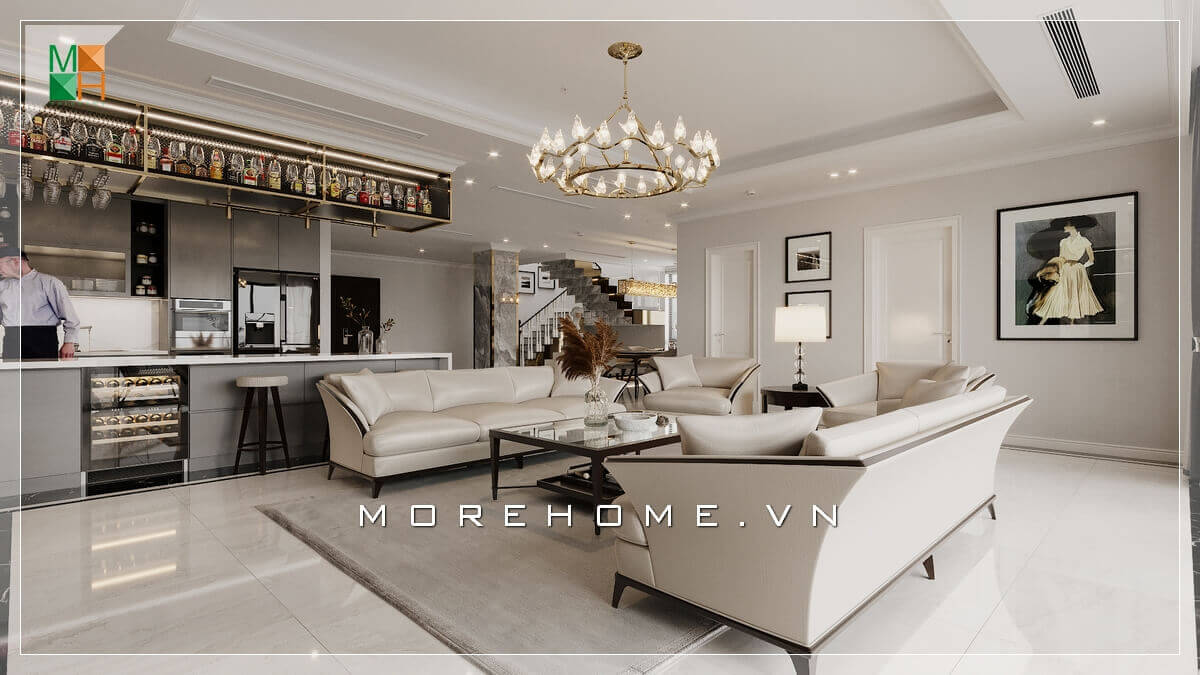 Với tone màu trắng chủ đạo thì bộ bàn ghế sofa cao cấp màu trắng là một sự kết hợp hoàn hảo tạo nên một không gian phòng khách sang trọng và tiện nghi, Thiết kế nội thất phòng khách nhà phố